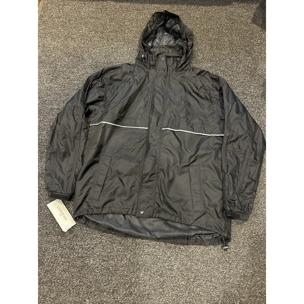 London Fog Rain Jacket With Fold Out Hood Size LARGE L In Black